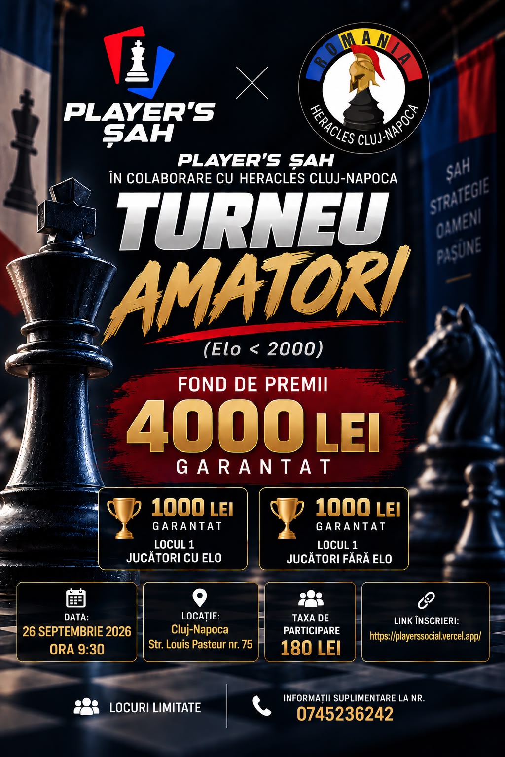 Afișul Turneului de Șah Amatori organizat de Player's Șah și Heracles Cluj-Napoca, 26 septembrie 2026, ora 9:30